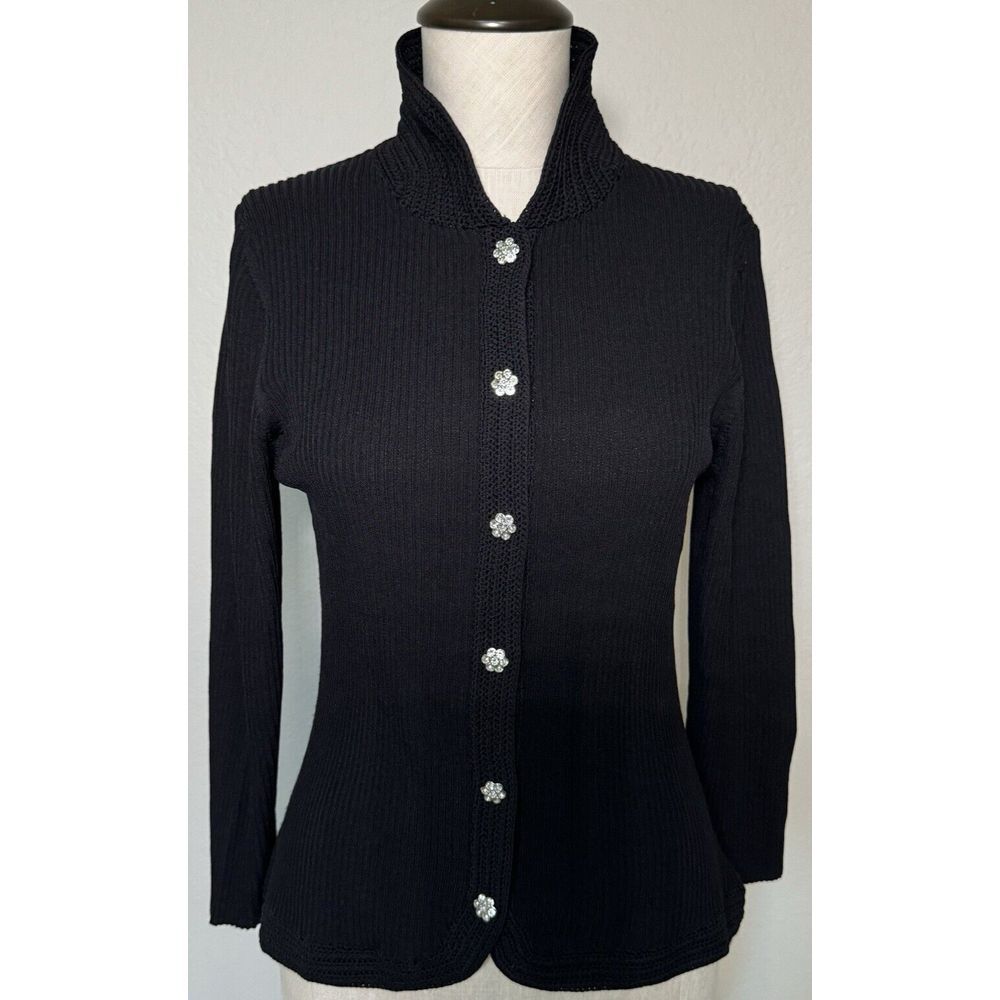 Harold's Ribbed Sweater Womens Medium Black Fitted Rhinestone Buttons